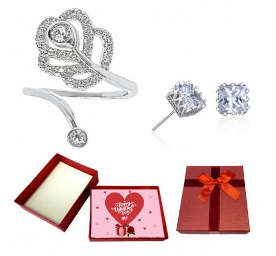 20 pcs - Open Flower Adjustable Ring and Crystal Crown Stud Earrings Set with Valentines Gift Box - 10 Sets|GCJ087+GCJ122-Silver-Valentine Box|UK SELL