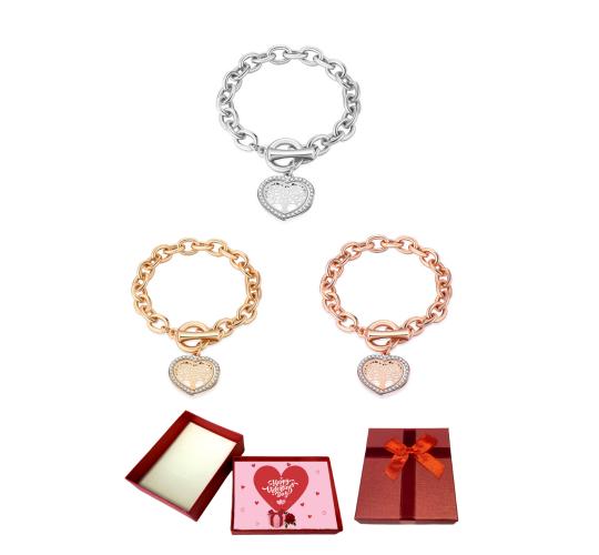10 pcs - Tree of life Heart Charm Zircon Crystals Bracelet -Silver, Gold, Rosegold With Valentine Gift Box - Random Colour|GCJ510-Silver/Gold/Rosegold
