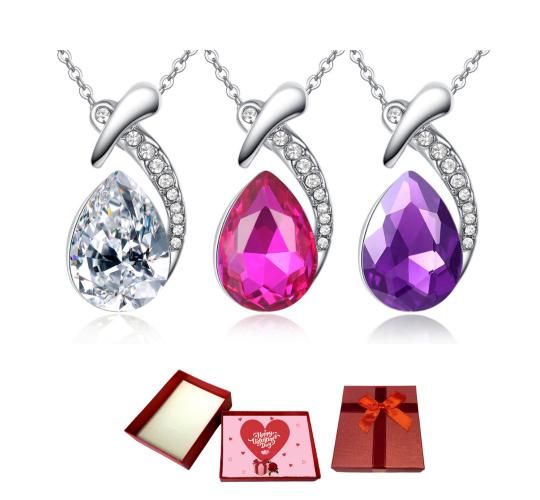 10 pcs - Sapphire Zirconia Teardrop Crystal Silver Pendant Necklace With Valentine Gift Box - Random Colour|GCJ148-PK/PP/CL-ValentineBox|UK SELLER