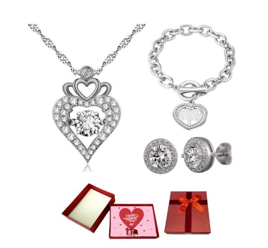 30 pcs - Silver Tree of life Heart Bracelet, Stud Round Earrings And Heart Necklace Tri-Set With Valentine’s Message Box - 10 Sets|GCJ510GCC032GCC07