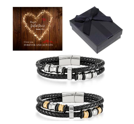 10 pcs - Valentine’s Stylish Men’s Genuine leather Bracelet Silver or Gold With Valentine’s Message Gift Box - Random Colour|GCJ035/GCJ037+Valen