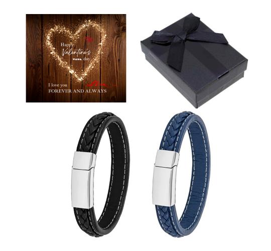10 pcs - Men’s Genuine Flat Leather Bracelet Selection With Valentine’s Message Gift Box - Random Colour|GCJ043-Black/Blue+ValentinesBox|UK SELLER