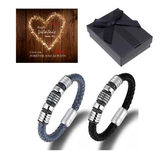 10 pcs - Men’s Genuine “HONOUR” Bracelet in Blue or Black Leather with Titanium Beads with Valentine’s Message Gift Box - Random Colour|GCJ044