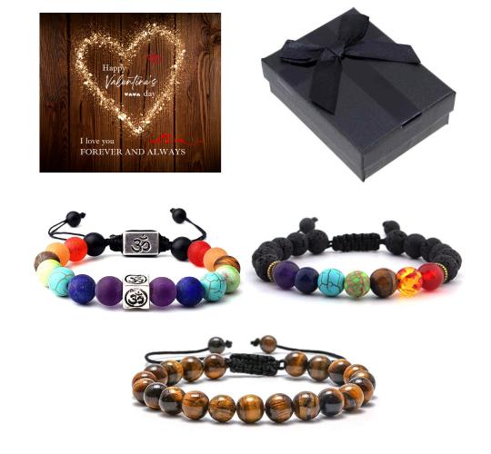10 pcs - Unisex Seven Chakra Energy Stone Bracelet Pull Cord Adjustable with Valentine’s Message Gift Box - Random Style|GCJ212-1/2/3 +ValentinesBox