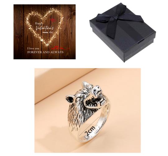 10 pcs - Fashionable Wolf Head Ring Silver Tone with Valentine’s Message Gift Box|GCJ387+ValentinesBox|UK SELLER