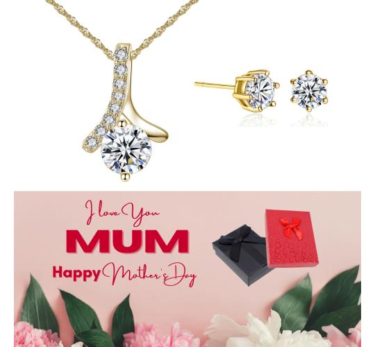 20 pcs - Solitaire Zircon Crystal Pendant Necklace Earrings Gold Tone Set + Mother’s Day Message Box - 10 Sets|GSV004GCC059-Gold-MD|UK SELLER