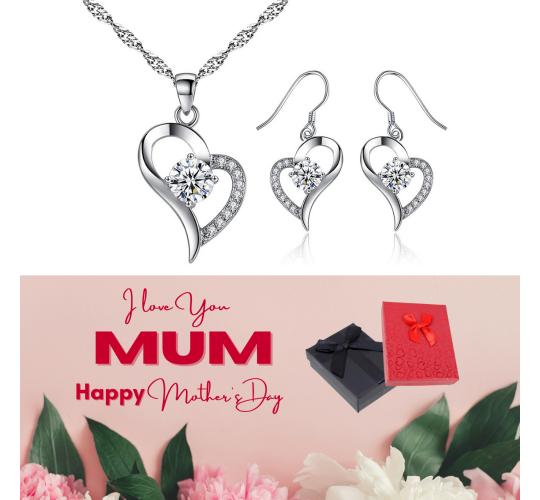 20 pcs - Heart Shape Pendant Necklace & Earrings with Premium Crystals + Mother’s Day Gift Box - 10 Sets|GSV009-MD|UK SELLER