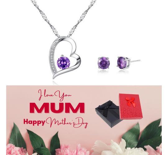 20 pcs -Purple Heart Zircon Crystals Pendant Necklace & Earrings Set with Mother’s Day Message Box - 10 Sets|GCJ155-MD|UK SELLER