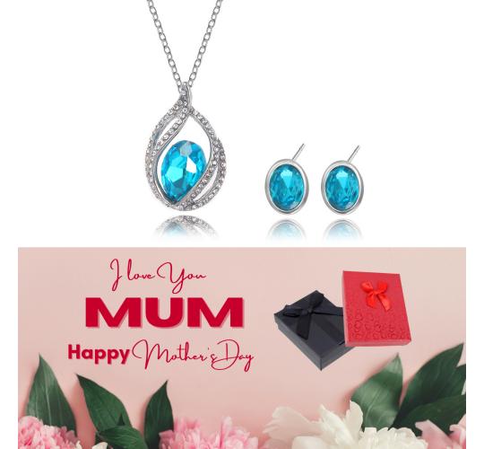 20 pcs -Sparkling Aqua Teardrop Pendant Necklace & Earrings Set with Mother’s Day Message Box - 10 Sets|GCJ165-MD|UK SELLER