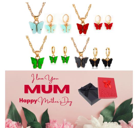 20 pcs - Stunning Gold Butterfly Necklace & Earrings Set + Mother’s Day Gift Box - 10 Sets Random Colour|GCJ171-Set-Green/Red/Black/Light Blue-MD|UK