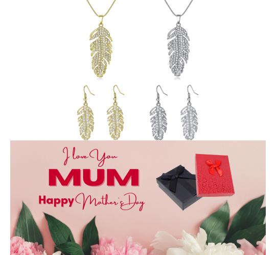 20 pcs - Feathers Necklace and Earrings Set + Mother’s Day Gift Box - 10 Sets Random Colour|GCJ182-Gold/Silver-MD|UK SELLER