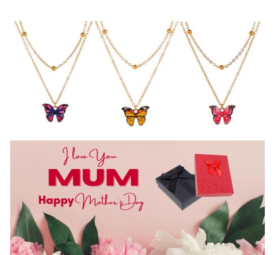 10 pcs - Butterfly Gold Tone Layered Pendant Necklace + Mother’s Day Message Gift Box - Random Colour|GCJ245-Yellow/Red/Purple-MD|UK SELLER