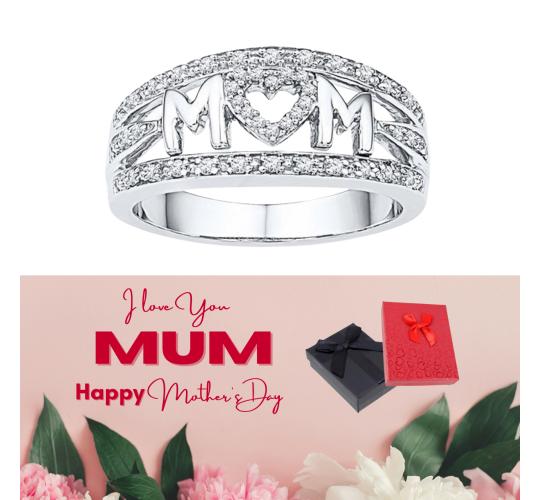 10 pcs - Mom Zircon Crystals Band Silver Tone Ring + Mother’s Day Message Gift Box - Random Size|GCJ331-Mum-K/M/P/R-MD|UK SELLER