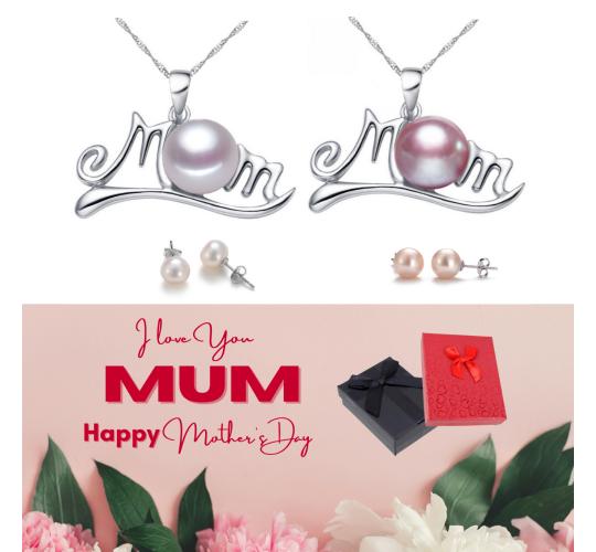 20 pcs - 2pcs Set Mum Freshwater Pearl Necklace and Earrings Set + Mother’s Day Message Gift Box - 10 Sets Random Colour|GCC073GCJ231-WHITE/PURPLE-M