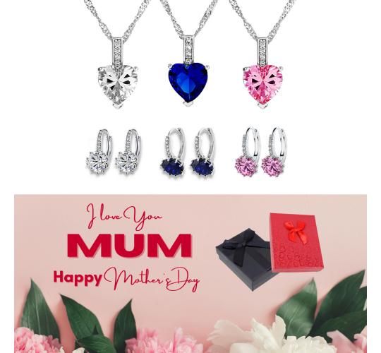 20 pcs - Crystal Simulated Sapphire Pendant Necklace and Earrings Set With Mother’s Day Message Box - 10 Sets Random Colour|GCJ005GCJ024-Clear/Blue/