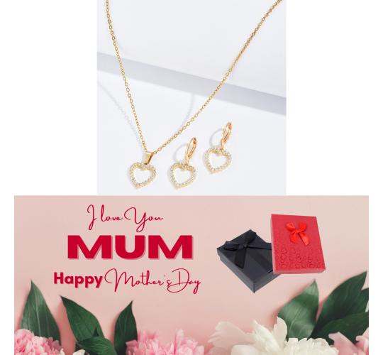 20 pcs - Love Heart Zircon Crystals Necklace and Huggies Earring Gold Tone 2 Pcs Jewellery Set + Mother’s Day Message Gift Box - 10 Sets|GCJ382-MD|U