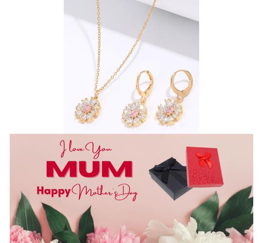 20 pcs - Flower Zircon Crystals Necklace and Huggies Earring Gold Tone 2 Pcs Jewellery Set + Mother’s Day Message Gift Box - 10 Sets|GCJ385-MD|UK SE