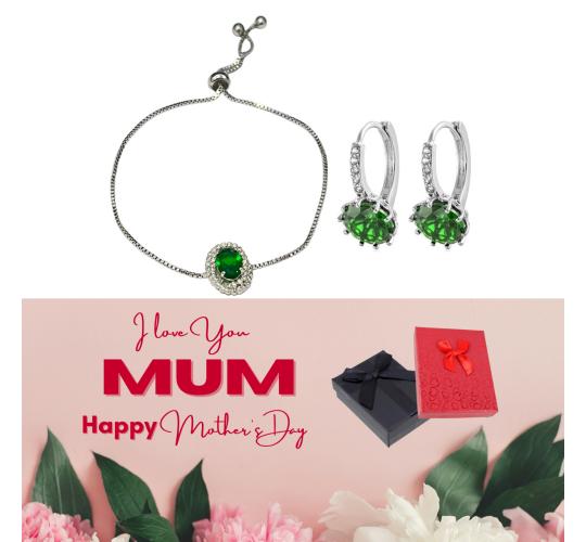 20 pcs - Vintage Halo Green Emarald Oval Zircon Crystals Silver Bracelet and Huggies Earrings Set + Mother’s Day Message Gift Box - 10 Sets|GCJ005GC