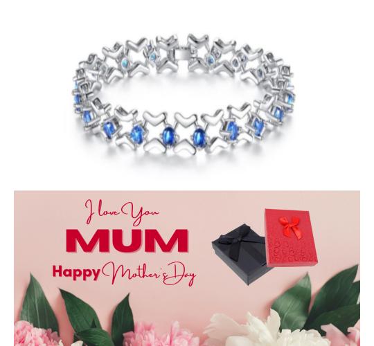 10 pcs - Multi-linked Rhodium Plated Blue Cubic Zirconia Bracelet + Mother’s Day Message Gift Box|GCJ023-MD|UK SELLER