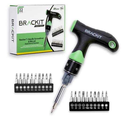 Joblot of 16 x Brackit Dual Drive Ratchet T Handle Screwdriver and Bit Set – 22 Piece Precision Kit – 2 x Faster Than Regular Ones – Perfect Too