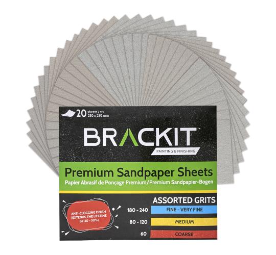 JOBLOT OF 20 packs of Brackit 20 Piece Sandpaper Sheet Set - Assorted Grits 60, 80, 120, 180, 240 - Anti-Clogging Finish and Longer Lifetime - Multipu