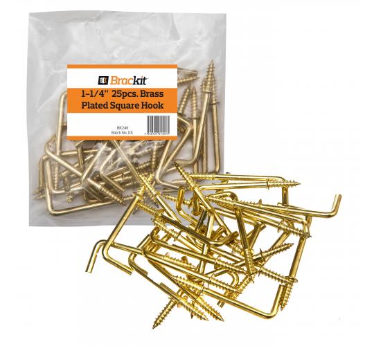 25 x 32mm (1-1/4”in) Brass-Plated Square Shouldered Dresser Hooks – Simple To Install Tapered Screw Head For Easy Installation Into Wood