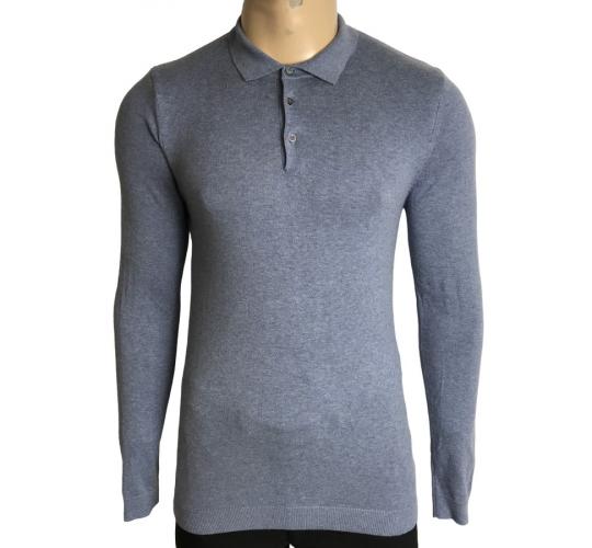 One Off Joblot of 5 Mens Ex-Chain Store Soft Knit Blue Polo Shirts Long Sleeve