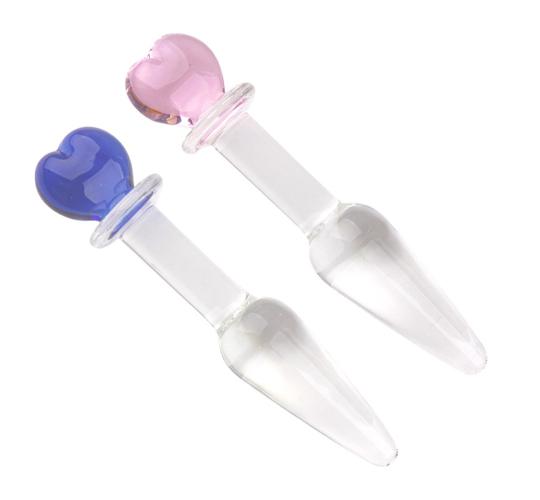10pcs - Heart Shape Handle Anal Butt Plug Clear Glass Dildo – Blue and Pink - Random Colour|GCAP177-Pink/Blue|UK seller
