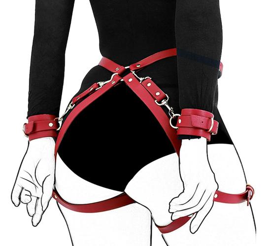 10pcs - Burgundy Punk Leather Strong Sturdy Thigh Waist Strap and Wrist Chain Cuffs Harness Bondage Set|GCSM039|UK seller