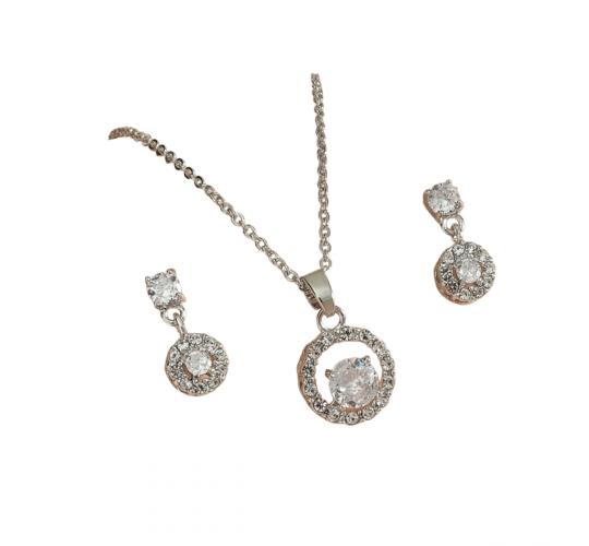 10pcs - Silver Tone Cubic Zirconia Halo Clear Crystal Pendant Necklace and Earrings Set|GCJ414|UK seller