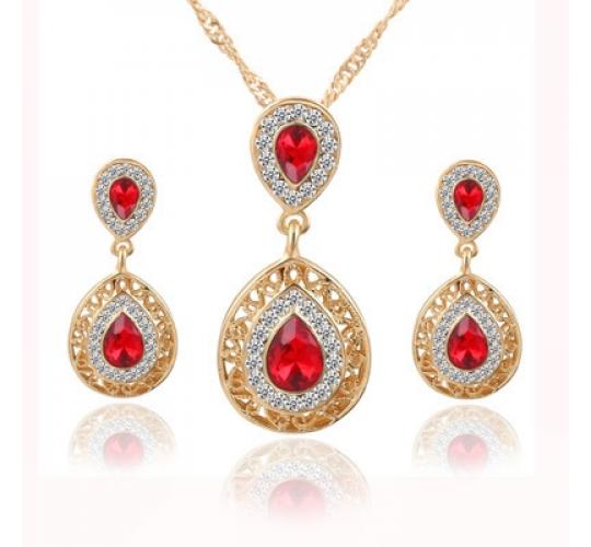 10pcs - Gold Tone Women Red Water Drop Crystal Pendant Necklace and Earrings Set|GCJ427|UK seller