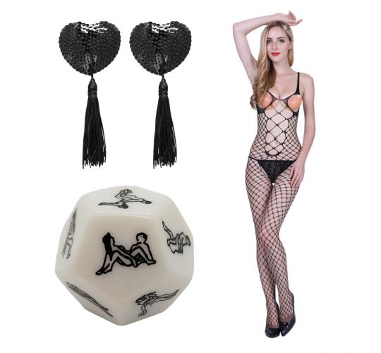 30pcs - Kamasutra Sex Dice, Black Heart-shaped Nipple Tassels And Sexy Fish Net Open Boob Bodystocking Set (Total 10 Sets)|GCAPSET032 (GCL042096AP033)