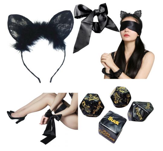 30pcs - Black Kinky Play Dice, Soft Silky Blindfold And Cat Ears Fluffy Headband Set (Total 10 Sets)|GCAPSET036 (GCSM008AP033GCL116)|UK seller