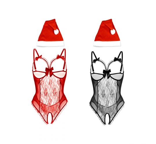 10Sets - Exposed Open Bra Crotchless Lace Body – Black or Red+Xmas Hat-2pc Each Set|GCL019+Xmas Hat|UK seller