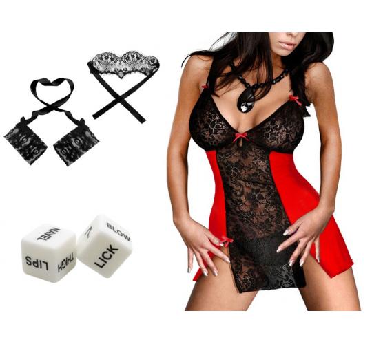 6 Sets - Black Red Floral Lace Babydoll Dress & G-string, Eye Mask & Cuff, Action Dice Set-6pcs/Set|GCAPSET019|UK seller