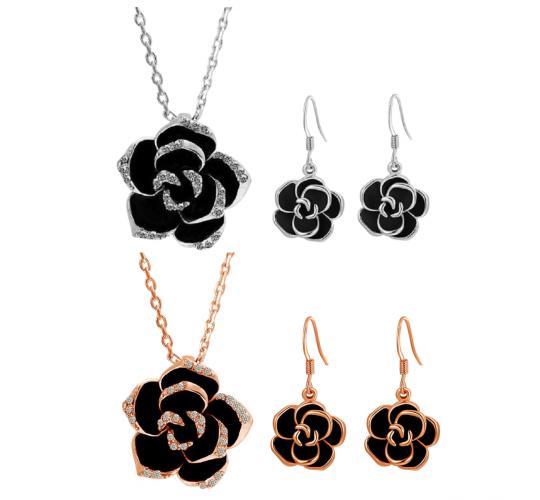 20pcs - Crystal Black Rose Flower Petals Pendant Necklace And Earrings Set - 5 Sets Each Colour|GCC095Variations|UK seller
