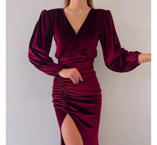 Velvet Midi Party Dress in Wine colour