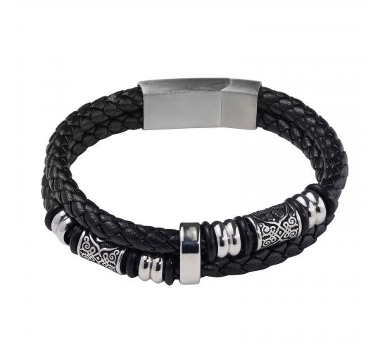 10pcs-Stylish Triquetra Men’s Black Leather Beads Bracelet In Silver Tone|GCJ448|UK seller