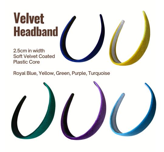 200 Velvet Coated Alice Headband, 2.5cm Width in Royal Blue, Yellow, Green, Purple and Turquoise