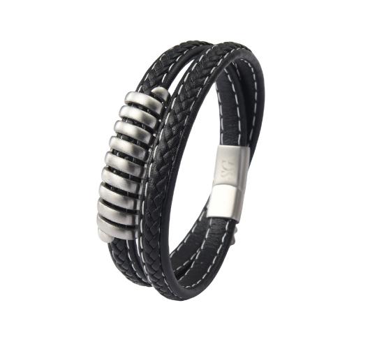 10pcs - Men’s Twisted 2-Layer Stainless Steel Black Leather Braided Bracelet|GCJ455|UK seller