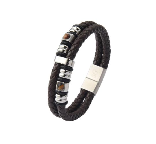 10pcs - Men’s Hidden Hundred Languages Projection 2-Layer Stainless Steel Beaded Brown Leather Braided Bracelet|GCJ456|UK seller