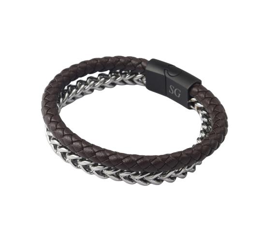 10pcs - Men’s 2-Layer Stainless Steel Chain Brown Leather Braided Bracelet|GCJ457|UK seller