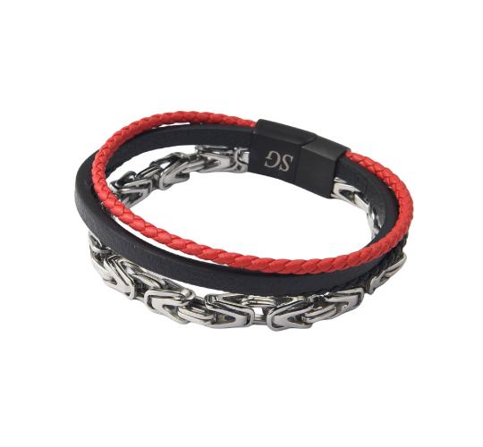 10pcs - Men’s 4-Layer Stainless Steel Chain Red and Black Braided Leather Bracelet|GCJ458|UK seller