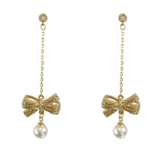 10pcs-Women Crystal Bow with Pearl Drop Earrings in Gold Tone|GCJ716|UK seller