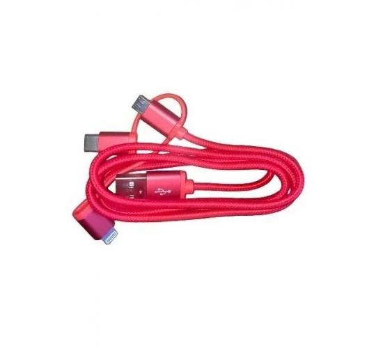 100 X MAZUMA 3 IN 1 Charge & Sync Cable Red - USB-C, Micro & Lightning Charger - MFI Certified