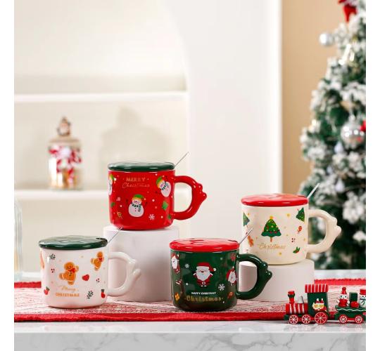 16pcs-Christmas Theme Cute Cartoon Ceramic Coffee Tea Mug with Lid & Spoon Set (4pcs Each Pattern)|GCVM008-UK Seller