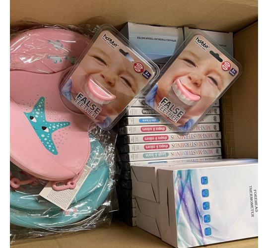 Wholesale Lot Assorted Baby Products including Teethers Bibs Digital Thermometers and DVD