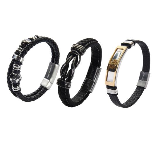 10pcs-Men’s Genuine Black Leather Football Infinity Tree of Life Bracelet With "Love Forever" Engraving - Random|GCJ447,GCJ449,GCJ450-Love Forever|U