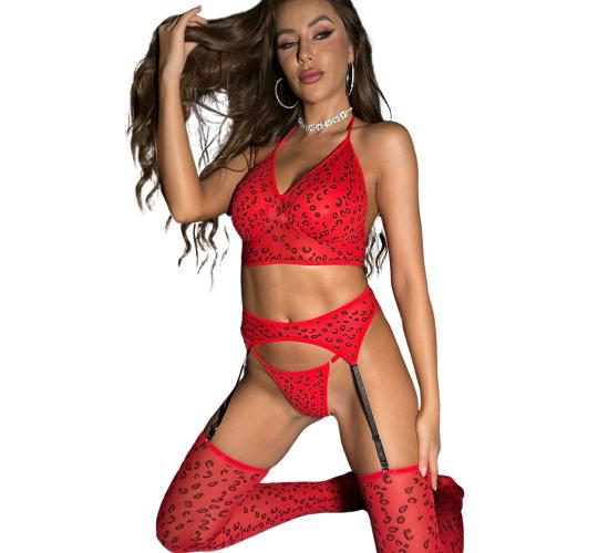 20 Sets-Red Leopard 4-Piece Women Sexy Lingerie Set-Garter Belt, G-string, Tights & Bra|GCL157|UK seller