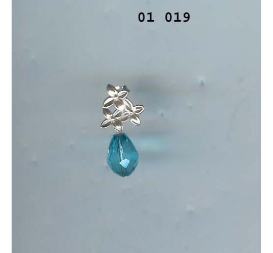 Earrings - Silver flower top earrings with blue glass teardrop - Job lot 35